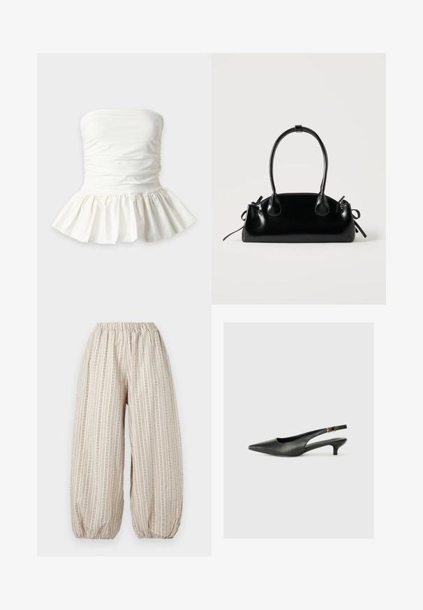 Top péplum blanc sans bretelles avec un détail de tissu froncé autour de la poitrine et un ourlet volanté évasé.; Pantalon beige ample avec des rayures noires verticales, taille élastique et poignets élastiques froncés aux chevilles.; Chaussure slingback noire à bout pointu en cuir lisse. Présente un talon fin et un détail de boucle sur la sangle réglable.; Petit sac à main noir brillant avec deux longues anses et des détails à cordon sur les côtés sur un fond clair uni.
