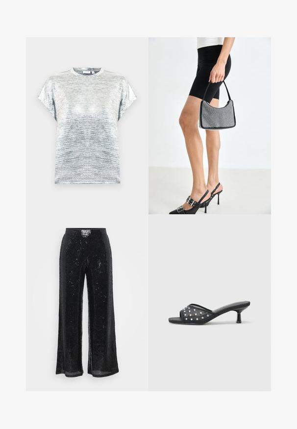 T-shirt argent à manches courtes en texture douce et scintillante avec un col rond et une coupe décontractée. Présente un motif en dégradé subtil.; Pantalons en sequins noirs avec une coupe large et une ceinture élastique, présentant une texture lisse et des surfaces brillantes qui réfléchissent la lumière.; Sandale à talon bas ouverte noire avec un tissu transparent orné de clous décoratifs transparents et une semelle lisse.; Sac à main à perles noires avec une silhouette courbée, une poignée de transport et une texture brillante. Porté avec des chaussures à talons hauts noires et un short noir ajusté.