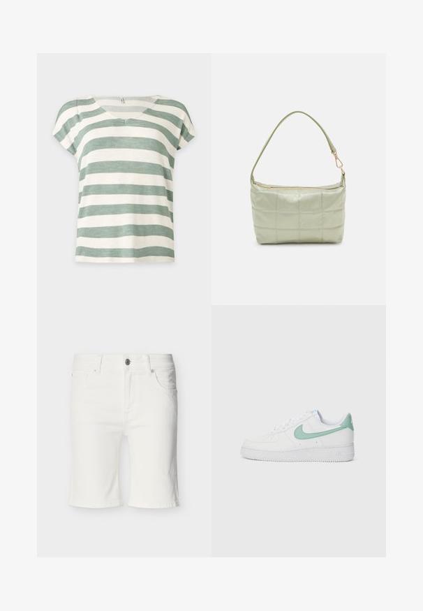 Kurzärmeliges, locker sitzendes Oberteil mit horizontalen, breiten streifen in Salbeigrün und Off-White, Rundhalsausschnitt und weichem, leichtem Stoff.; Weiße knielange Jeansshorts mit vorderem Knopf, Reißverschluss und Fünf-Taschen-Design auf neutralem Hintergrund gezeigt.; Weiße Leder-Sneaker mit einem mintgrünen Nike-Swoosh und Ferseneinsatz, strukturiertem Außensohlen und klassischem Schnürdesign.; Gepolsterte grüne Schultertasche mit weicher Textur, rechteckiger Form, einem Trageriemen und goldfarbener Reißverschlussöffnung. Verfügt über ein gestepptes Muster.