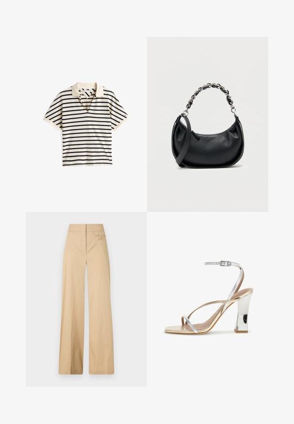 Gestreiftes Polo-Shirt in Beige mit navyblauen horizontalen Streifen. Hat einen V-Ausschnitt und kurze Ärmel, aus weichem Baumwollstoff gefertigt.; Beige weite Hosen aus Baumwollmischgewebe. Sie haben eine glatte Textur, einen elastischen Bund und eine seitliche Knopfdetail.; Pumps mit Absatz, metallic-goldener Sohle, silbernen dünnen Riemchen über den Zehen und dem Knöchel sowie einem silbernen Blockabsatz.; Schwarze Lederhandtasche mit abgerundeter Form, doppeltem Träger mit einer massiven silbernen Kette und einem Reißverschluss oben. Glatte Textur.