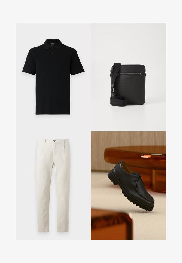 Schwarzes kurzärmeliges Poloshirt mit zwei Knöpfen, geripptem Kragen und Bündchen sowie dezent geprägt Logo auf der linken Brust.; Beige Baumwollhosen mit geradem Bein, ausgestattet mit einem einzelnen schwarzen Knopfverschluss und zwei Vorderaschen. Glatte Textur.; Schwarzer, strukturierter Leder-Schnürschuh mit dicker, profilierter Sohle, mit dem Markenschriftzug "HUGO" nahe der Ferse, präsentiert vor einem beigen Teppich und bernsteinfarbenen Möbeln.; Schwarze Leder-Umhängetasche mit strukturierten Oberflächen, einem Reißverschluss-Frontfach und einem verstellbaren Stoffgurt. Einfaches quadratisches Design.
