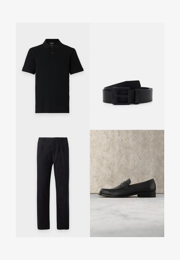 Zwart poloshirt met korte mouwen, twee knopen, geribbelde kraag en manchetten, en een subtiel reliëflogo op de linkerborst.; Zwarte broek van een katoenmix, met een klassiek recht model, knoopsluiting en zonder zichtbare patronen of versieringen.; Zwarte leren loafer zweeft boven een beige tapijt met op de achtergrond een glanzende, ronde, bruine tafel.; Zwarte leren riem met een matte afwerking, voorzien van een rechthoekige metalen gesp en een gladde textuur. Eenvoudig ontwerp zonder patronen of accenten.
