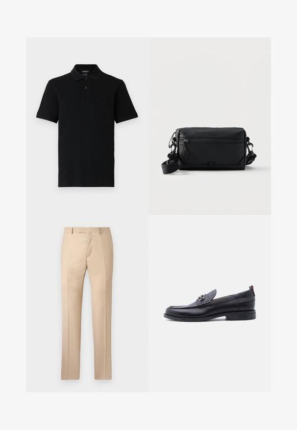Schwarzes kurzärmeliges Poloshirt mit zwei Knöpfen, geripptem Kragen und Bündchen sowie dezent geprägt Logo auf der linken Brust.; Beige maßgeschneiderte Hose mit glatter Textur, flachem Frontbereich und geraden Beinen. Verfügt über Gürtelschlaufen und einen verdeckten Reißverschluss.; Schwarzer Lederloafer mit grauem, strukturiertem Vorderblatt, silberner Metallschnalle, niedrigem Absatz und Zuglasche hinten.; Schwarze rechteckige Crossbody-Tasche mit Front-Reißverschlusstasche, verstellbarem Riemen und eingeprägtem "BOSS"-Logo oben in der Mitte.