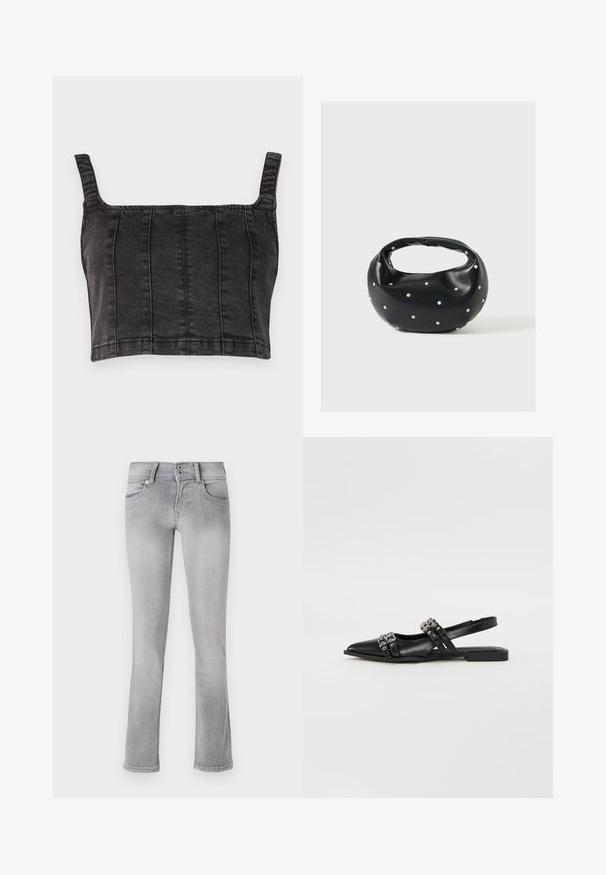Must mustriga mustris, millel on laiad rihmad, vertikaalsed õmblused ja struktureeritud istuvus. Sile tekstuur, millel on veidi pleekinud viimistlus.; Hallide denim teksad, mis on kohandatud disainiga, kerge laienemisega alumises osas, kahe esiosa taskuga ja nööpkinnitusega. Kogu tekstuur on pleekinud.; Even&Odd Kannarihmaga baleriinad - black; Mustast nahast ümmarguse kujuga käekott, kaunistatud hõbedaste naeladega, lühikese sangaga. Sile tekstuur ja tõmblukuga sulgemine.