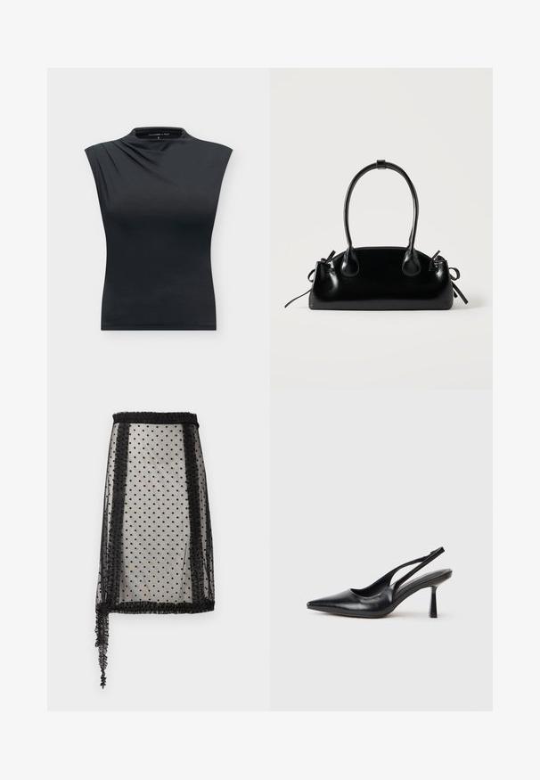 Haut noir ajusté sans manches avec légère épaulette et plis subtils près de l'encolure, taille petite, présenté sur fond blanc.; Jupe noire transparente avec motif à pois, bordure à volants et design asymétrique avec un côté plus long, fabriquée en tissu léger.; Chaussure à talon haut en cuir noir, à bride arrière, avec un bout pointu et un talon fin sur fond blanc.; Petit sac à main noir brillant avec deux longues anses et des détails à cordon sur les côtés sur un fond clair uni.