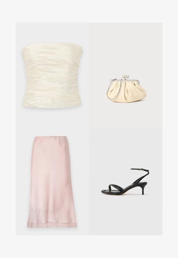 Strapless top van ivoorkleurig satijnen stof, met gerimpeld textuur en een gladde afwerking, en een brede, gestructureerde silhoutte.; Lichtroze satijnen midi-jurk met elastische tailleband en gelaagde zoomdetail, weergegeven op een effen witte achtergrond.; Zwarte leren dames sandaal met dunne bandjes, een teengreep, een enkelgesp en een stilettohak van gemiddelde hoogte op een neutrale achtergrond.; Geplooide beige leren clutch met een zilveren metalen frame, voorzien van twee ronde decoratieve sluitingen en een zilveren kettingriem.