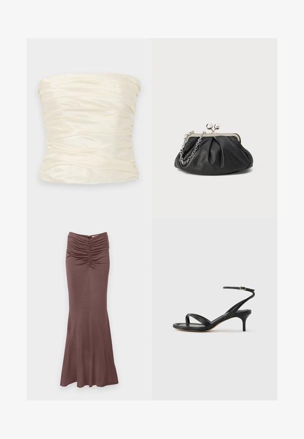 Haut sans bretelles en satin ivoire, avec une texture froncée et un fini lisse, affichant une silhouette large et structurée.; Malina MAJORI RUCHED - Jupe longue - chocolate; Sandale pour femme en cuir noir avec fines lanières, une boucle d'orteil, une boucle à la cheville et un talon aiguille de hauteur moyenne sur un fond neutre.; Porte-monnaie en cuir noir avec texture froncée, cadre en métal argenté, fermeture à verrouillage kiss-lock et bandoulière en chaîne. Surface lisse et douce.