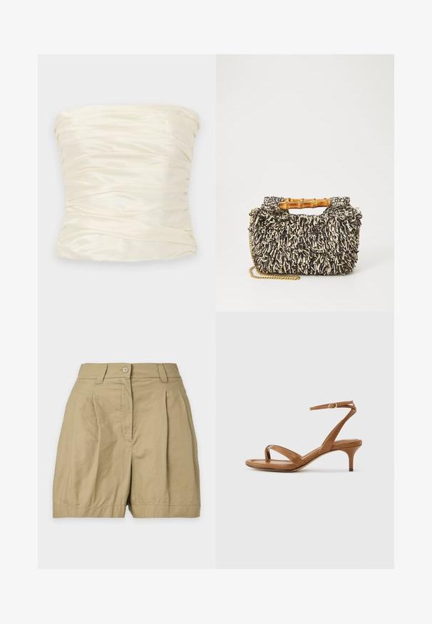Strapless top in ivory satin fabric, featuring ruched texture and smooth finish, with a wide, structured silhouette.; Beige high-waist shorts with a button and zip closure, belt loops, and front pleats, displayed on a plain background.; Brown leather strappy sandal with a low kitten heel and an ankle strap featuring a small buckle, shown in side view on a plain background.; Woven bag featuring a textured black and cream pattern, bamboo handle, and a removable gold chain strap. Compact rectangular shape.