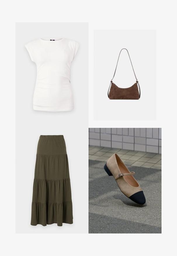 T-shirt blanc ajusté à manches courtes avec col rond sur fond uni, avec un léger détail froncé sur le côté.; Jupe maxi verte olive à volants avec taille élastique et panneaux de tissu froncés.; Chaussure Mary Jane en daim beige avec embout rond noir et petite bride à boucle, présentée sur une surface extérieure pavée.; Sac à épaule en daim marron avec une fermeture éclair incurvée en haut et une fine bandoulière réglable, présenté sur un fond clair uni.