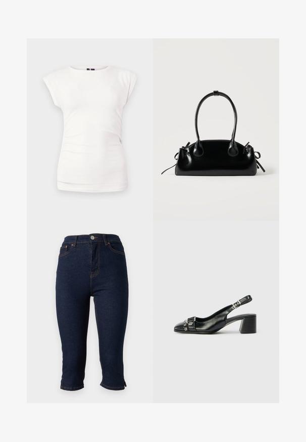 T-shirt blanc ajusté à manches courtes avec col rond sur fond uni, avec un léger détail froncé sur le côté.; Jean skinny court en denim bleu foncé avec fermeture frontale par boutons et surpiqûres orange, présenté sur fond blanc.; Sandale à talon en cuir noir avec un bout pointu, une sangle texturée ornée d'accents métalliques circulaires et un talon empilé.; Petit sac à main noir brillant avec deux longues anses et des détails à cordon sur les côtés sur un fond clair uni.