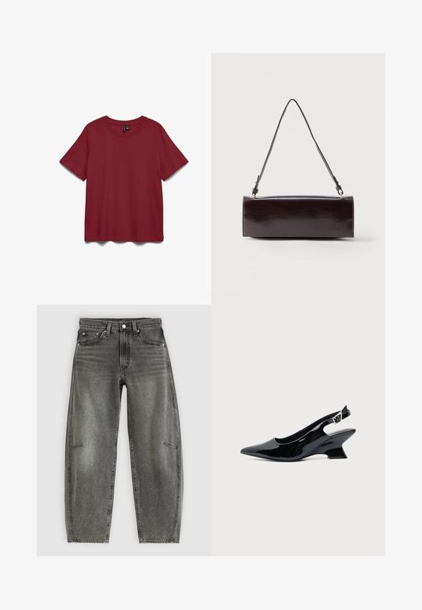 Kurzärmliges, rundhalsiges, einfarbiges T-Shirt in dunklem Rot, flach auf weißem Hintergrund dargestellt.; Hochtaillierte, grau gewaschene Jeans aus Denim mit fünf Taschen, Knopfverschluss und einer lässigen, geraden Passform.; Schwarzer Slingback-Schuh aus Lackleder mit spitzer Spitze und niedrigem, schrägem Blockabsatz auf einfachem hellem Hintergrund.; Rechteckige schwarze Ledertasche mit einem einzelnen langen Riemen und glänzendem Finish, vor einem schlichten weißen Hintergrund präsentiert.