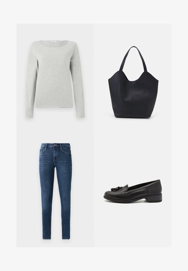 Lys grå langærmet skjorte lavet af blødt stof, med rund halsudskæring og en afslappet pasform, med en glat tekstur og uden synlige mønstre.; Mørkeblå denim skinny jeans med et klassisk fem-lomme design, frontknaplukning og subtile syninger. Glat tekstur hele vejen igennem.; Sort læder loafer med rund tå, dekorativ kvastdetalje foran og lav blokhæll. Glat tekstur og minimalistisk design.; Sort tote taske lavet af glat læder, med en buet, åben top, to skulderstropper og et minimalistisk design.
