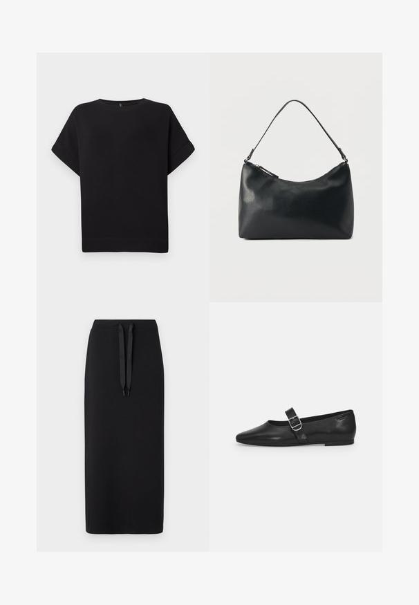 Zwarte short-sleeve t-shirt van zacht materiaal, met een ronde halslijn en een relaxte pasvorm, voorzien van een gestikte zoom en zonder zichtbare patronen.; Zwarte midi rok van zacht materiaal, met een trekkoord in de taille. Eenvoudig ontwerp met een rechte silhouette en geen aanvullende patronen.; Zwarte leren platte schoen met een ronde neus, een enkele verstelbare gespsluiting en een gladde, glanzende textuur. Minimalistisch ontwerp met een lage hak.; Zwarte leren schoudertas met textuur, voorzien van een gebogen bovenrits en een enkele verstelbare riem, afgebeeld tegen een egale achtergrond.