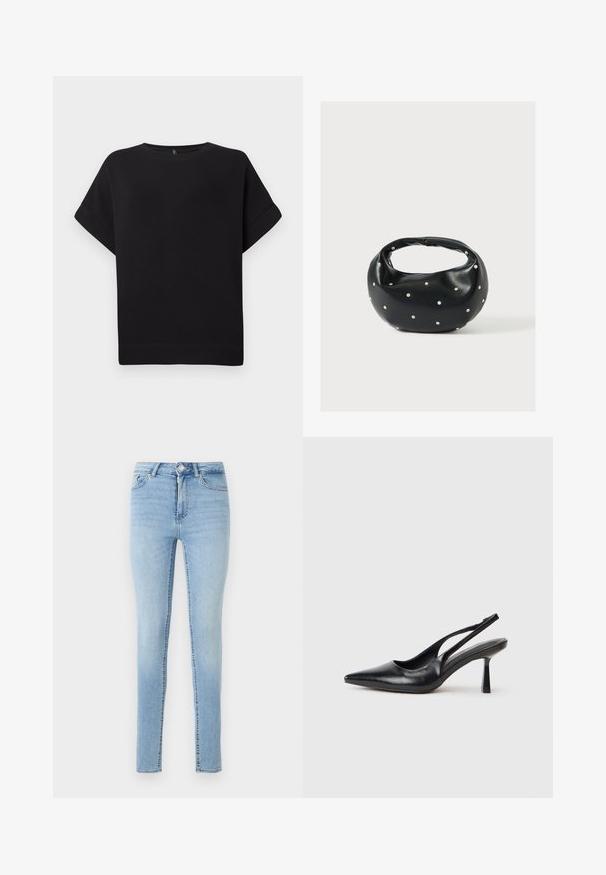 T-shirt noir à manches courtes en tissu doux, avec un col rond et une coupe décontractée, doté d'un ourlet cousu et sans motifs visibles.; Un jean skinny en denim bleu clair avec une fermeture à bouton et à glissière à l'avant, cinq poches et une finition légèrement délavée pour ajouter de la texture.; Chaussure à talon haut en cuir noir, à bride arrière, avec un bout pointu et un talon fin sur fond blanc.; Sac à main en cuir noir de forme arrondie, décoré de clous argentés et équipé d'une poignée courte. Texture lisse et fermeture éclair.