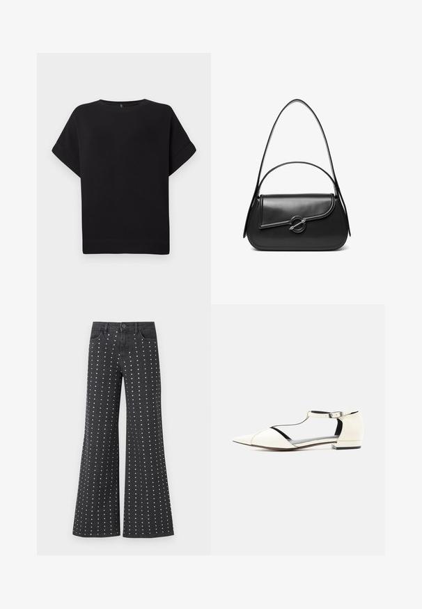 T-shirt noir à manches courtes en tissu doux, avec un col rond et une coupe décontractée, doté d'un ourlet cousu et sans motifs visibles.; Jean flare noir en denim avec un motif de petites clous en argent disposés verticalement. Comprend cinq poches et une fermeture à bouton.; Chaussure plate blanche à bout pointu avec lanière en T et boucle à la cheville, talon bas, et côtés découpés, présentée sur un fond neutre.; Sac à bandoulière en cuir noir avec un rabat incurvé fermé par un fermoir métallique rond et une sangle fine et ajustable.