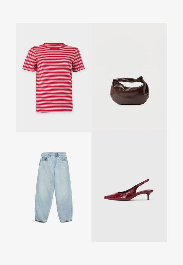 Lühikeste varrukatega ümmarguse kaelusega T-särk punaste, valgete ja roosade horisontaalsete triipudega, paigutatud valgele taustale flat-lay stiilis.; Heledad sinine denim naisest suits, millel on mugav lõige, kõrge talje ja laied jalad, kergelt kulunud tekstuuri ja klassikaline viie taskuga disain.; Burgundy nahkainest slingi kontsaga, krokodillimustriga, terava varbaga, reguleeritava pandlaga ja madala kitten-kontsaga valgel taustal.; Tumepruunast nahast õlakott, pehme ja lõdva vormiga, keeratud sõlme tüüpi sangaga, valgel ühevärvilisel taustal.