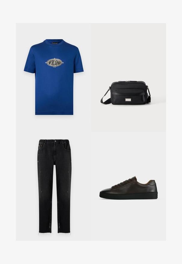 Blauw T-shirt met korte mouwen en ronde hals, met een ovale Emporio Armani-logo in crème en zwart centraal op de borst, met de tekst "1981" en "Milano".; Zwarte denim jeans met een elastische tailleband, rechte snit, verwerkte details en een rafelige onderrand. Bevat zakken en een knoopsluiting.; Low-profile donkerbruine leren sneaker met zwarte rubberen zool, veters aan de voorkant en een strak minimalistisch design op een lichte achtergrond.; Zwarte rechthoekige crossbodytas met voorvak met ritssluiting, verstelbare schouderband en zilveren rechthoekige logo-plaat op effen achtergrond.