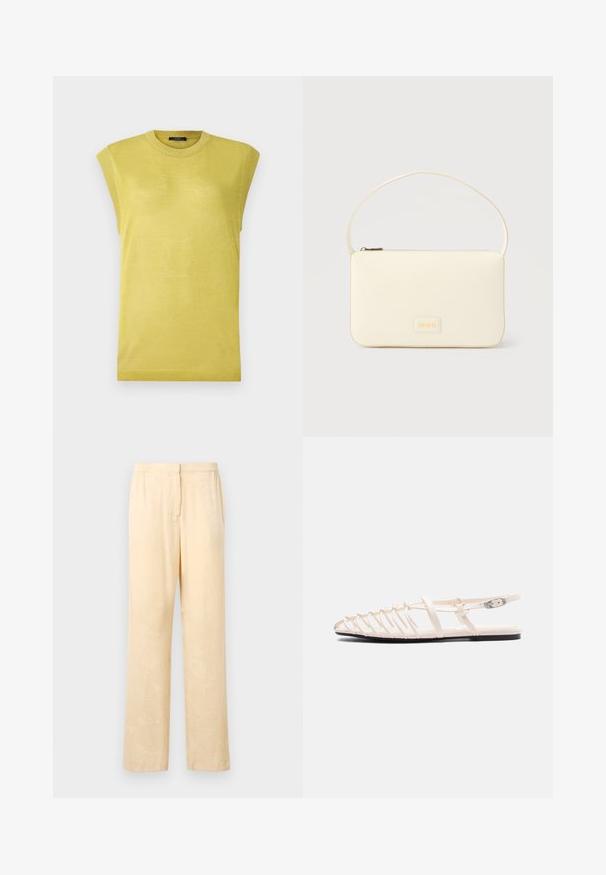 Top de punto amarillo sin mangas con un escote redondo, que presenta una tela ligeramente texturada y acentos acanalados en los bordes de los hombros.; Pantalones sueltos de color amarillo claro con un sutil estampado de hojas. Cuentan con una cinturilla elástica y un diseño de pierna recta. Textura suave.; Sandalia plana beige con múltiples tiras delgadas, hebilla en el tobillo y suela negra, vista lateral sobre fondo blanco.; Bolso rectangular color crema con una sola correa y cremallera superior, con una pequeña placa de logotipo en relieve en el frente.