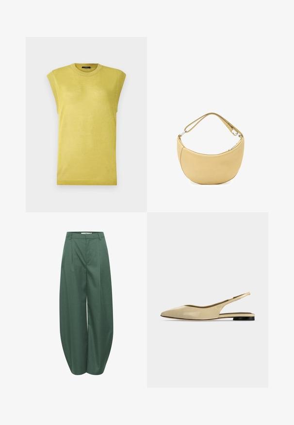 Top de punto amarillo sin mangas con un escote redondo, que presenta una tela ligeramente texturada y acentos acanalados en los bordes de los hombros.; Gestuz CALLIA BARREL PANTS - Pantalones - posy green melange; Zapato plano beige con puntera puntiaguda, diseño slingback, tacón bajo negro y acabado en cuero liso, mostrado de perfil sobre un fondo liso.; Bolso de hombro de cuero beige suave en forma de media luna con correa ajustable y cierre de cremallera con detalles en plata.