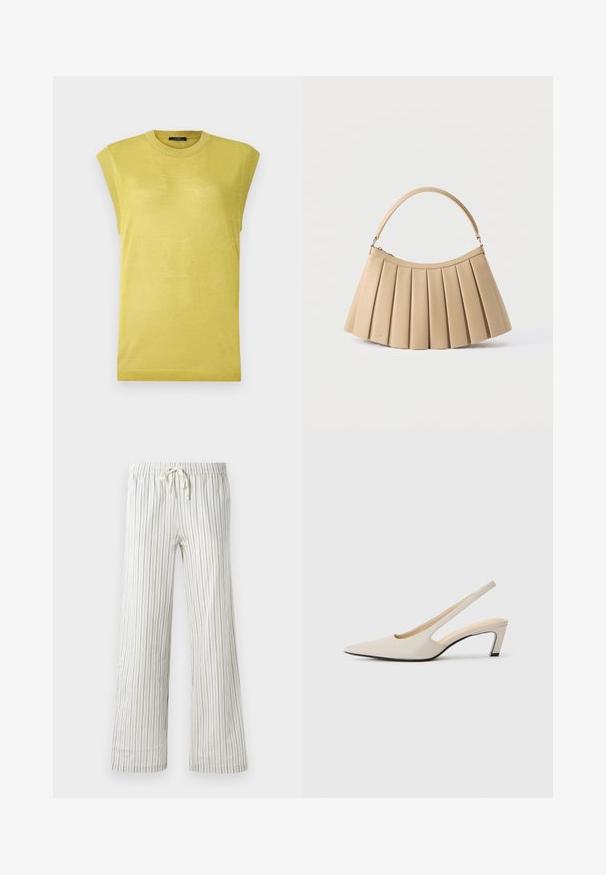 Top de punto amarillo sin mangas con un escote redondo, que presenta una tela ligeramente texturada y acentos acanalados en los bordes de los hombros.; Pantalones blancos con cordón y finas rayas verticales azules, con cintura elástica, mostrados de frente sobre un fondo liso.; Tacones slingback beige con punta estrecha, laterales abiertos y un pequeño tacón cuadrado. Textura de cuero suave y diseño minimalista.; Bolso beige plisado con cremallera superior curva y asa arqueada única, exhibido sobre un fondo blanco.