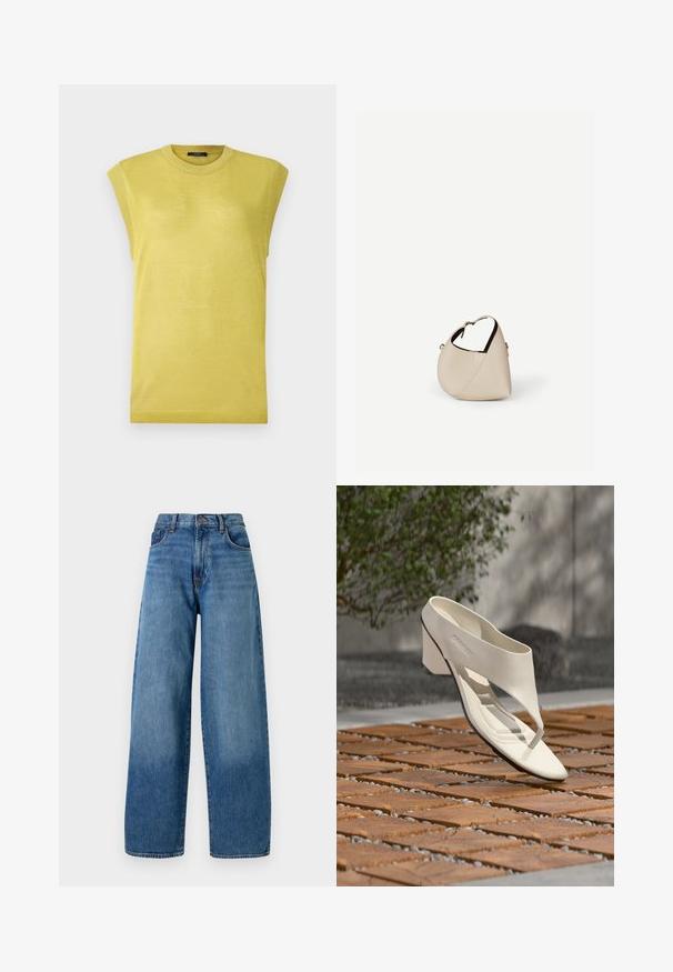 Ärmelloses gelbes Stricktop mit rundem Ausschnitt, aus leicht strukturiertem Stoff und gerippten Akzenten an den Schultern.; Weite blaue Denim-Jeans mit klassischem Fünf-Taschen-Design. Mit Knopfverschluss und leichter Ausbleichung für eine angenehme Textur.; Weißer Ledersandalette mit hohem Absatz, breitem Riemen und Zehensteg, im Freien auf einer Holz- und Kiesfliesenfläche mit Grün im Hintergrund gezeigt.; Beige Ledertasche in Halbmondform mit einem einzelnen Schulterriemen und minimaler Nahtgestaltung, vor einem schlichten weißen Hintergrund.