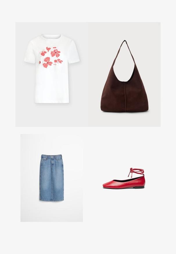 T-shirt blanc à manches courtes avec un imprimé floral rose corail sur la poitrine et un petit texte de la marque sous les fleurs.; Jupe en denim bleu clair avec boutons à l'avant et passants pour ceinture, portée avec un pull texturé foncé.; Ballerine en cuir rouge avec un bout carré et un détail de lien autour de la cheville. Texture lisse et petit talon noir.; Sac hobo en daim marron avec une grande ouverture courbée et une large bandoulière. Présente une couture centrée à l'avant. Texture lisse.
