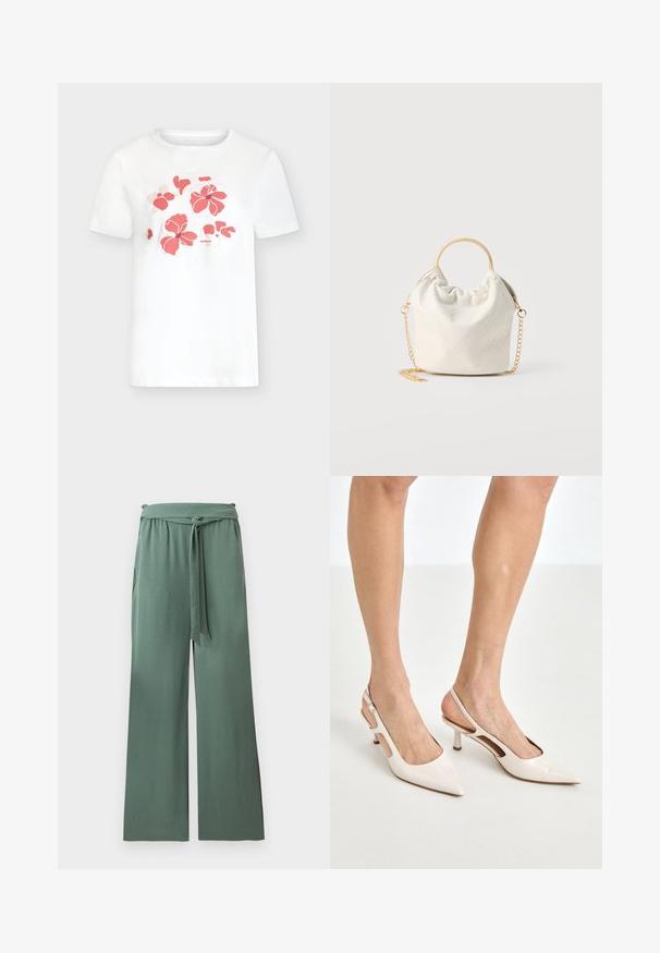Hvid t-shirt med korte ærmer, koralrosa blomstermønster på brystet og lille brandtekst under blomsterne.; Grønne bukser med vide ben og elastisk talje med bundet stofbælte, lavet af blødt tekstureret materiale, vist på en hvid baggrund.; Beige patenterede læder slingback hæle med spids tå og 5 cm hæl, med udskårne sider og en tynd ankelrem.; Lille hvid vævet håndtaske med rund guldfarvet håndtag og guldkæde som rem, vist på neutral baggrund.