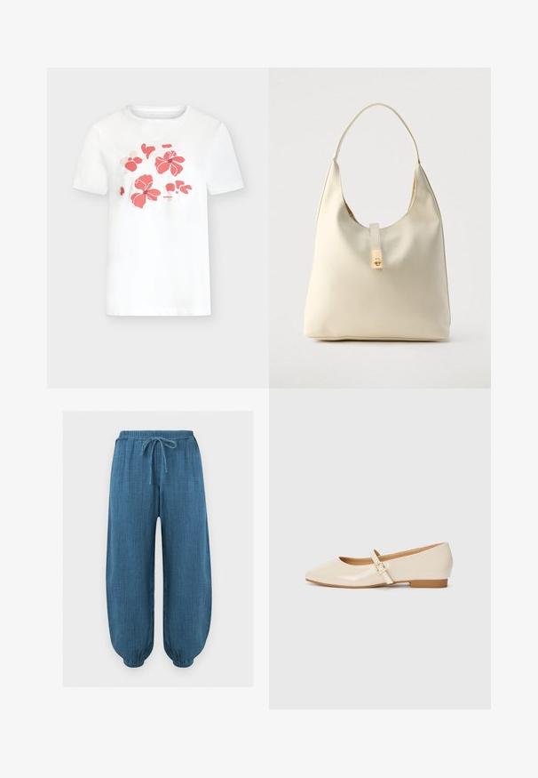 T-shirt blanc à manches courtes avec un imprimé floral rose corail sur la poitrine et un petit texte de la marque sous les fleurs.; Pantalon bleu texturé ample avec ceinture élastique et poignets aux chevilles, avec un cordon de serrage à l'avant pour l'ajustement.; Ballerines en cuir verni beige avec un embout carré, un petit talon et une bride ajustable à la cheville avec une boucle dorée.; Sac hobo en cuir couleur crème avec une seule bandoulière, texture lisse et un détail de fermoir doré à l'avant.