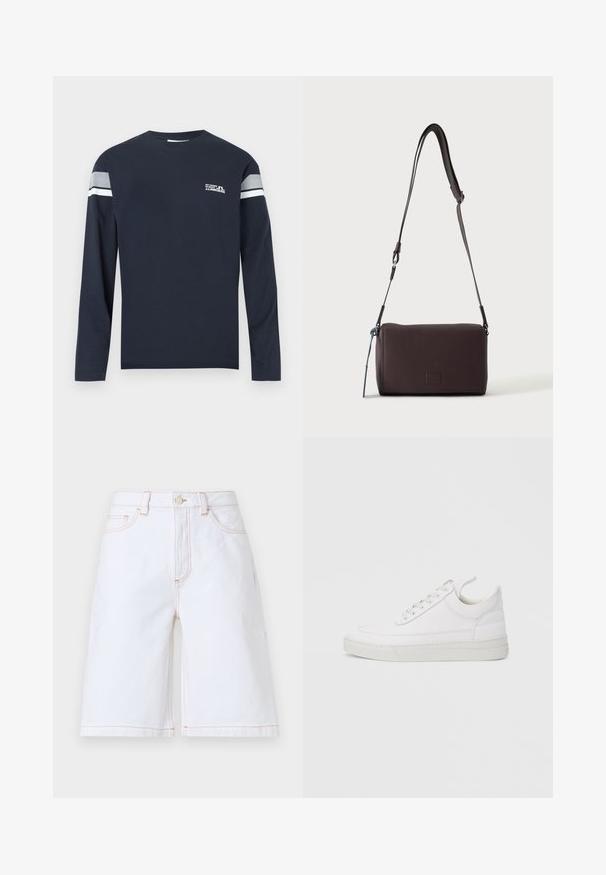 T-shirt à manches longues bleu marine en tissu de coton, doté d'un col rond, d'une bande blanche et grise sur les manches, et d'un petit logo sur la poitrine.; Shorts en denim blanc avec une coupe droite, cinq poches et des coutures contrastantes couleur tan. Comprend une fermeture avec bouton et zip à l'avant.; Baskets en cuir blanc avec un embout arrondi, une semelle plate et un laçage à l'avant. Présentent des détails de couture et un col rembourré pour plus de confort.; Sac bandoulière en cuir marron foncé texturé avec une sangle réglable et un petit accent décoratif bleu sur le côté.