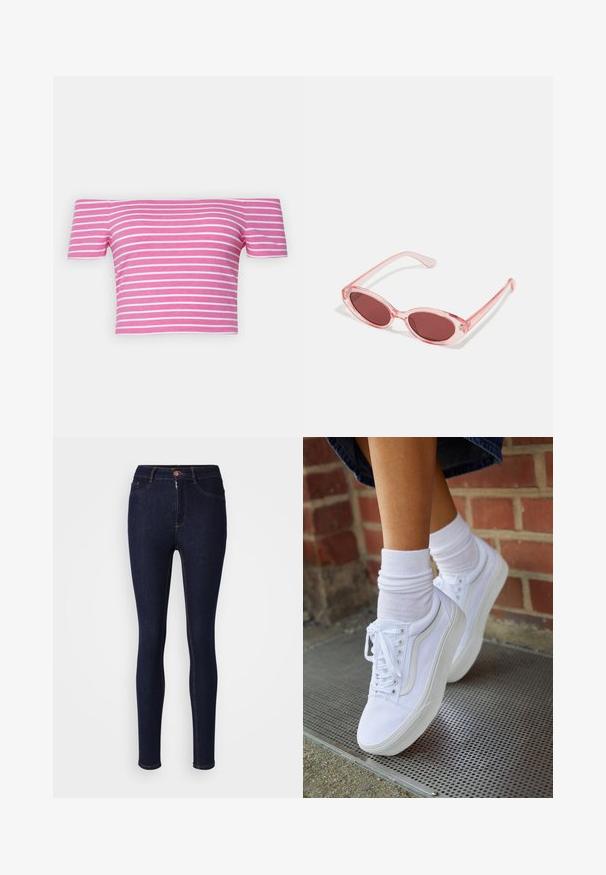 Off-the-shoulder pink crop top med hvide striber; lavet af strækbart stof; korte ærmer; tætsiddende design; glat tekstur.; Mørkeblå skinny jeans lavet af denim, med lynlås og knaplukning, samt kontraststing langs sømmene.; Hvide lærreds sneakers med gummisåler, der har seks snørehuller, rund tå og let sømdetaljer, krydret med hvide ankelstrømper.; Lyserøde transparente solbriller med ovale linser, mørkerød toning og slanke stænger, der har en glat overflade og diskret detaljering på rammen.