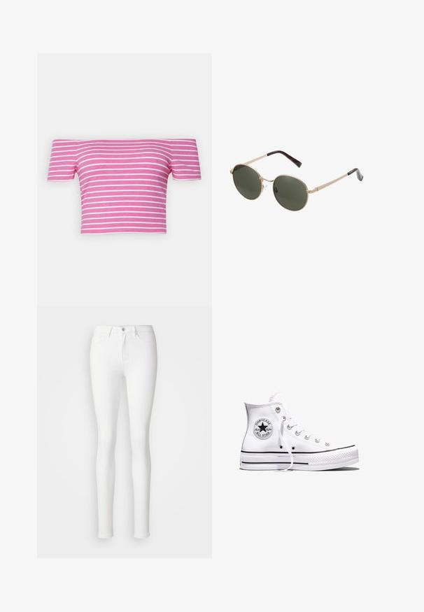 Ružový crop top s odhalenými ramenami a bielymi pruhmi; vyrobený z elastického materiálu; krátke rukávy; priliehavý strih; hladká textúra.; Biele úzke džínsy vyrobené z elastickej bavlnenej zmesi, s prednými vreckami, zipsom a jedným gombíkom na zapínanie.; Biela vysoká teniska Converse Chuck Taylor All Star s čiernymi pruhmi a nášivkou s logom na boku, zobrazená na jednoduchom bielom pozadí.; Kruhové slnečné okuliare s kovovými zlatými rámami a tmavozelenými sklá. Ramená majú design z korytnačiny pre väčší detail.
