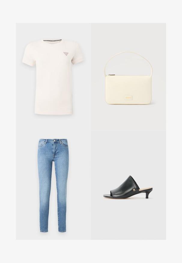 Camiseta blanca de manga corta y cuello redondo con pequeño logo rojo de triángulo Guess en el pecho izquierdo sobre fondo liso.; Vaqueros ajustados de color azul claro, hechos de mezclilla, que presentan un clásico diseño de cinco bolsillos, un ligero desvanecimiento y una cinturilla estándar con cremallera.; Mules de cuero negro de punta abierta con un tacón bajo. Presentan una superficie lisa y un acento del logo dorado en el costado.; Bolso rectangular color crema con una sola correa y cremallera superior, con una pequeña placa de logotipo en relieve en el frente.