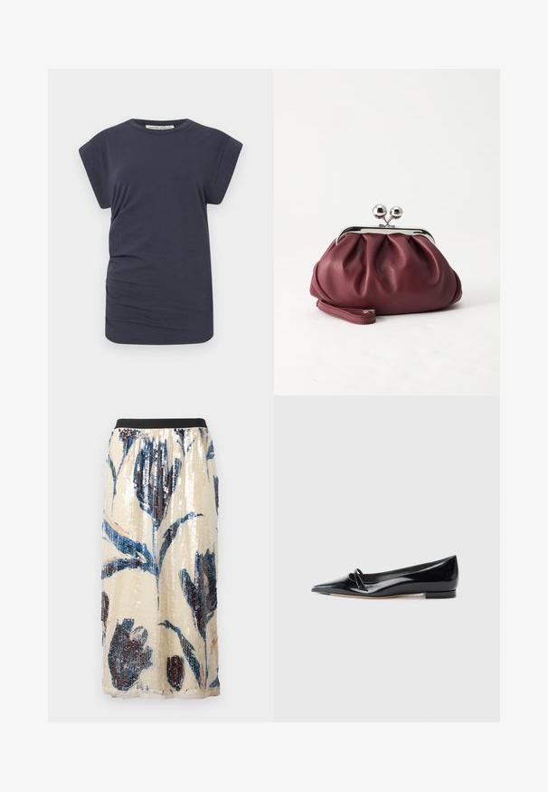 T-shirt bleu marine en coton, avec une coupe décontractée, des manches dolman courtes et un drapé subtil sur le côté pour ajouter de la texture.; Jupe midi beige avec taille élastique noire, grand motif floral bleu et sombre pailleté.; Chaussure plate en cuir verni noir avec un bout pointu, une petite lanière décorative et un petit talon carré. Texture lisse et design épuré.; Petit sac pochette en cuir bordeaux avec fermoir métallique argenté et bracelet sur fond blanc.