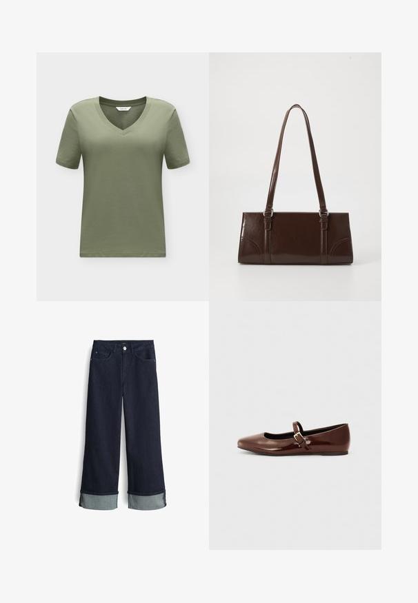 Einfarbig olivgrünes V-Ausschnitt-T-Shirt mit kurzen Ärmeln und einem kleinen weißen Etikett innen am Kragen.; Dunkelblaue Denim-Jeans mit weitem Bein und hoher Taille, mit umgeschlagenen Säumen in einem helleren Blauton und klassischem Vier-Taschen-Design.; Braune Lackleder-Ballerinas mit quadratischer Zehenform und Riemen mit einer kleinen goldenen Schnalle. Glatte Textur, niedriger Absatz und minimalistisches Design.; Braune Lackleder-Handtasche in rechteckiger Form, mit zwei langen Griffen und subtilen, geschwungenen Akzenten auf der Vorderseite.