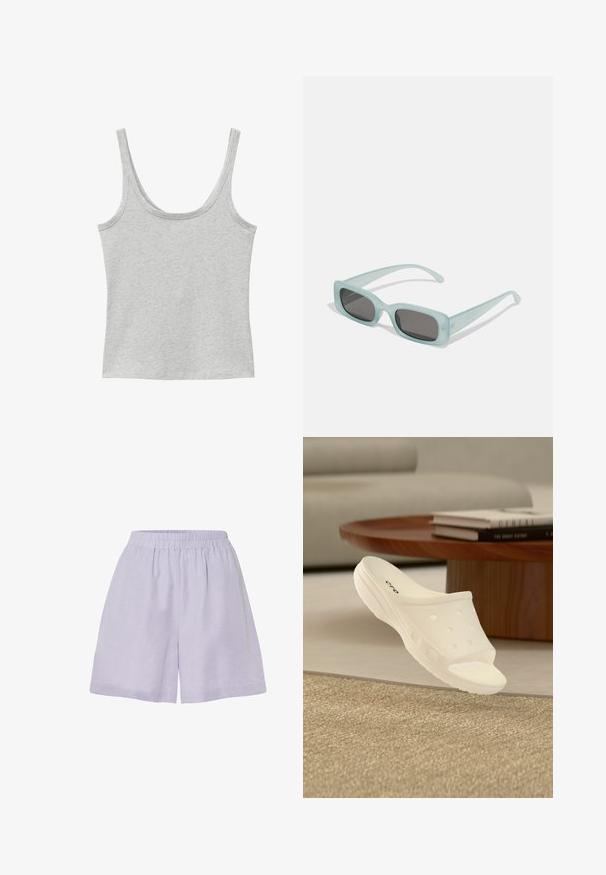 Lichtgrijze mouwloze tanktop met ronde hals gemaakt van een zachte, gemêleerde stof.; Licht paarse shorts van zacht materiaal met een elastische tailleband en een relaxte pasvorm, met een eenvoudige, onversierde uitstraling.; Witte instapklompsandaal met ventilatiegaten, dikke zool, geplaatst naast een houten salontafel met boeken in een woonkamer.; Een paar rechthoekige zonnebrillen met lichtblauwe doorzichtige monturen en donkergrijze glazen, met rechte pootjes en minimale hardwaredetails.