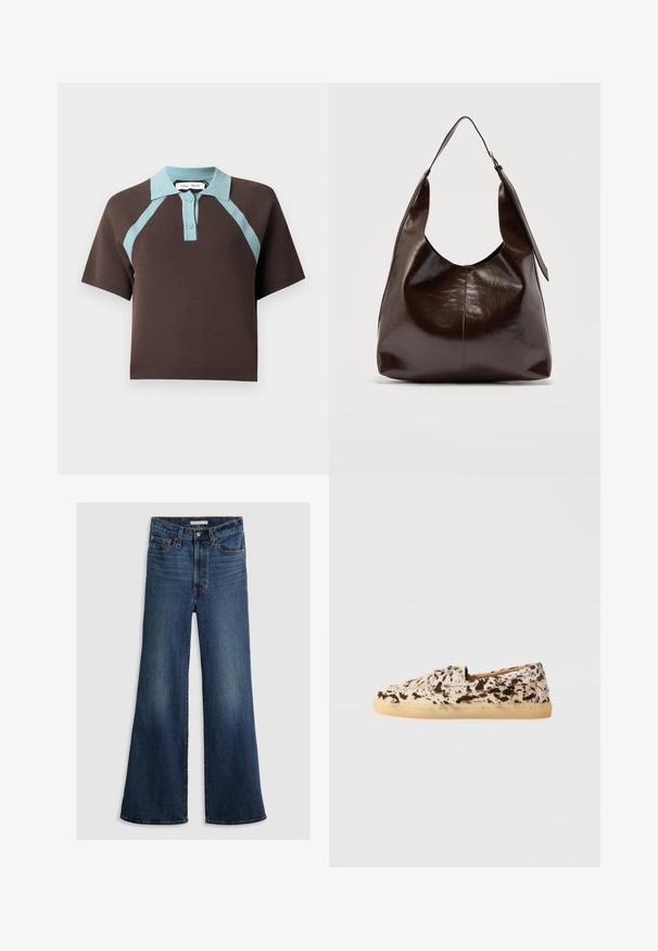Bruine poloshirt met korte mouwen, lichtblauwe kraag, knoopsluiting en diagonale afwerkingsdetails op een effen achtergrond.; Wijde jeans in donkerblauw denim, met een hoge taille, vijf zakken en contrasterend stiksel langs de naden en tailleband.; Canvas instap-schoen met een tan en bruin gespikkeld patroon en een rubberen zool. Geweven bovenkant en vetersluiting details aan de zijkanten.; Donkerbruine glanzende leren schoudertas met een enkele brede riem en gespsdetail aan één kant, tegen een effen lichte achtergrond.