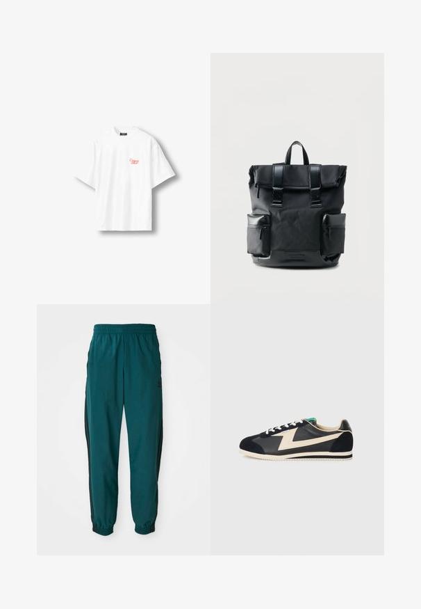 Wit T-shirt met korte mouwen en een ronde hals, met kleine rode cursieve tekst "Compare Bliss" op de linkerborst.; Teal sportbroek met een trekkoord in de taille, elastische boorden en zwarte zijstreep. Gemaakt van lichte stof en voorzien van een logo nabij de heup.; Zwarte en beige sneakers met een bovenwerk van leer en suede, een ronde neus, textuuraccenten en witte veters op een lichtgewicht zool.; Zwarte roll-top rugzak met twee voorste gespsluitingen en twee ritszakken aan de zijkanten, afgebeeld op een witte achtergrond.