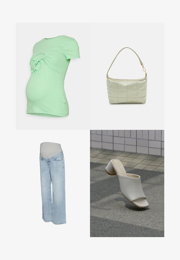 Even&Odd Maternity by Zalando CIRCLE GATHERING TEE - T-shirt basique - green; Jeans en denim bleu clair avec une taille élastique grise, design à jambes larges et style traditionnel à cinq poches. Texture lisse avec un délavage passé.; Mule blanche à bout ouvert avec talon bloc sur sol pavé près d'un mur carrelé, inclinée pour montrer les vues latérale et supérieure.; Sac vert rembourré avec une texture douce, de forme rectangulaire, à une bandoulière, et fermeture à glissière dorée. Présente un motif matelassé.