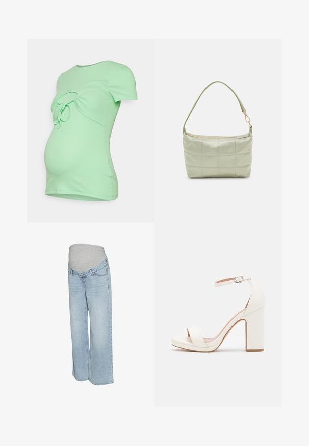 Even&Odd Maternity by Zalando CIRCLE GATHERING TEE - T-Shirt basic - green; Hellblaue Jeans mit einem grauen dehnbaren Bund, weitem Bein und klassischer Fünf-Taschen-Optik. Glatte Textur mit ausgeblichenem Waschung.; Weiße High-Heel-Sandale mit Knöchelriemen, minimalistisches Design, offene Zehen, Blockabsatz und glattes Lederfinish.; Gepolsterte grüne Schultertasche mit weicher Textur, rechteckiger Form, einem Trageriemen und goldfarbener Reißverschlussöffnung. Verfügt über ein gestepptes Muster.
