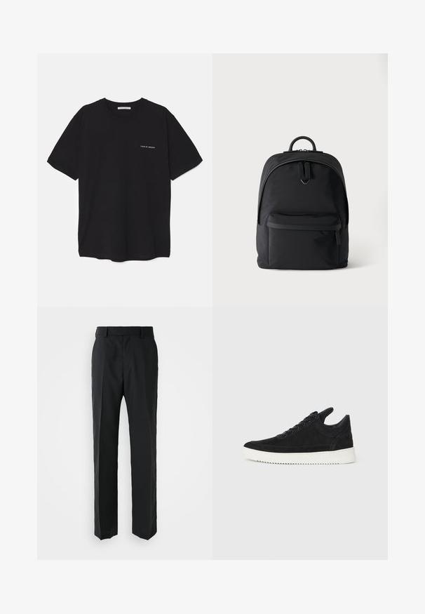 Schwarzes Baumwoll-T-Shirt mit Rundhalsausschnitt, kurzen Ärmeln und weißem Logodruck auf der linken Brust. Einfaches, einfarbiges Design.; Schwarze Hosen mit geradem Bein, hergestellt aus glattem Stoff. Verfügt über einen flachen Bund und keine sichtbaren Muster oder Verzierungen.; Schwarze Wildleder-Sneaker mit einer weißen Gummisohle, die sich durch elegante Nähte und ein schnürbares Design auszeichnen. Glatte Textur mit einer modernen, stromlinienförmigen Form.; Schwarzer Rucksack mit einer vorderen Reißverschlusstasche, einem Hauptfach mit Doppelreißverschluss und einem kleinen Metalllogo unter den Hauptreißverschlussgriffen.