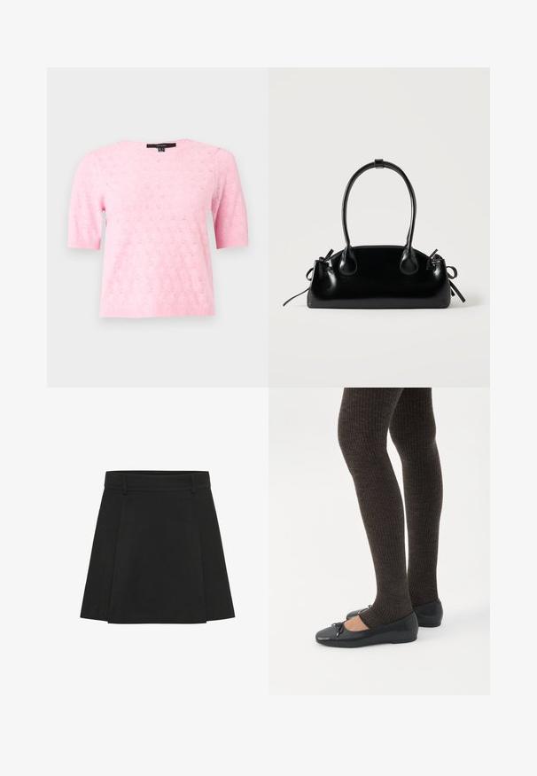 Haut en maille rose clair à manches courtes avec un délicat motif floral ajouré, encolure ronde, poignets et ourlet côtelés.; Jupe plissée noire avec une taille structurée. Fabriquée à partir d'un tissu texturé, elle présente des plis distincts et un ourlet droit.; Jambes portant des leggings côtelés foncés associés à des ballerines noires avec de petits détails en nœud sur fond blanc.; Petit sac à main noir brillant avec deux longues anses et des détails à cordon sur les côtés sur un fond clair uni.