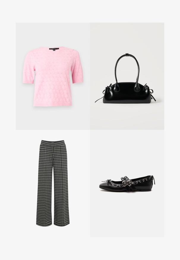 Top de punto de manga corta en rosa claro con un delicado patrón floral calado, cuello redondo y puños y dobladillo acanalados.; ICHI IHKATE - Pantalones - vetiver; Zapato de ballet plano negro con correas de doble hebilla, ojales plateados y un pequeño lazo cerca de la puntera redondeada sobre un fondo blanco.; Pequeño bolso negro brillante con dos asas largas y detalles de cordón lateral sobre un fondo claro liso.