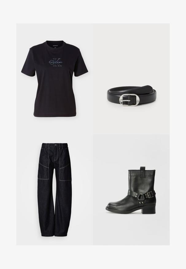 Zwart katoenen T-shirt met korte mouwen en een ronde hals. Op de voorkant staat een blauw Calvin Klein-logo met opvallende tekst.; Donkere denim wijde broek met meerdere voorzakken, contrasterende stiksels en een knoopsluiting in de taille. Glad oppervlak en casual ontwerp.; Samsøe Samsøe SABRENTA - Cowboy-/Bikerlaarsjes - black; Zwarte leren riem met een gladde textuur, voorzien van een zilveren ovale gesp en een eenvoudig ontwerp. De band is plat en onversierd.