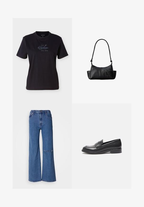 Sort bomulds-T-shirt med korte ærmer og rund hals. Fronten viser et blåt Calvin Klein-logo med karakteristisk tekst.; Bredde jeans i mellemmørk blå denim, med høj talje, forlommer og et slidt lap-detalje på venstre knæ.; Sorte læderloafer med en glat overflade, rund tå og sidesyning. Har en lav, rektangulær hæl.; Sort læder skuldertaske med lang rem, sidelommer og præget Calvin Klein-logo på fronten.
