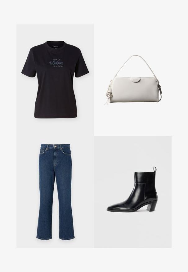 Schwarzes Baumwoll-T-Shirt mit kurzen Ärmeln und Rundhalsausschnitt. Vorne zeigt es ein blaues Calvin Klein-Logo mit markantem Schriftzug.; Dunkelblaue, ausgestellte Jeans aus Denim mit einer definierten Taille, Fronttaschen und goldfarbenen Details. Glatte Textur mit Nahtdetails.; Schwarze Leder-Ankleboots mit spitzem Zeh, geometrischem Blockabsatz und einem Zugband hinten. Glatte Textur und elegantes Design.; Weiße rechteckige Calvin Klein Handtasche mit einem einzelnen Henkel, minimalistischem Design und dekorativen Quasten mit geometrischem Metallanhänger an der Seite.