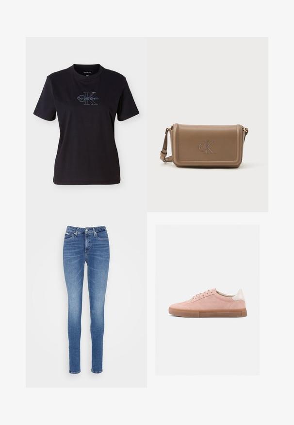 T-shirt noir en coton à manches courtes et col rond. Sur le devant, un logo Calvin Klein bleu avec un texte distinctif.; Jean skinny en denim bleu moyen, présentant une taille haute, une texture lisse, deux poches avant et une seule poche arrière.; Baskets basses en daim rose avec semelle en caoutchouc marron et languette de talon blanche, présentées de profil sur un fond blanc uni.; Sac bandoulière en cuir marron avec une texture lisse, présentant un logo "cK" en relief sur le devant et une bandoulière réglable.