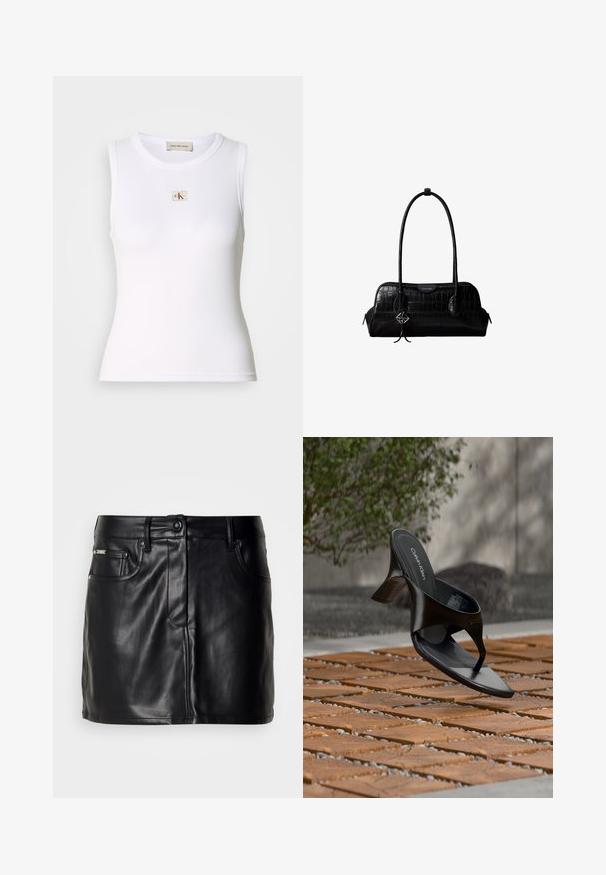 Weißes geripptes ärmelloses Tanktop mit Calvin Klein Jeans-Label auf der Brust und innerem Nackenetikett.; Schwarzer Leder-Minirock mit tailliertem Design, ausgestattet mit frontalen Taschen, einem Knopfverschluss und glatter Textur.; Schwarze Calvin Klein Riemchensandale mit Absatz, schwebend über einer gefliesten Außenfläche mit Grünpflanzen und einer Betonwand im Hintergrund.; Schwarze Umhängetasche aus krokodilstrukturiertem Leder mit langen Riemen und einem kleinen silbernen Logocharm an einem Riemen.