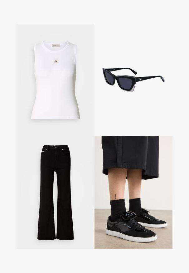 Camiseta sin mangas blanca con canalé y etiqueta de Calvin Klein Jeans en el pecho y etiqueta interior en el cuello.; Jeans de mezclilla negros de pierna acampanada con cintura alta, que cuentan con un cierre de cremallera y botón, bolsillos laterales y sutiles detalles metálicos.; Zapatillas negras con materiales de ante y charol, con una suela blanca, diseño de cordones y un acento de lengua de marca.; Gafas de sol negras de gran tamaño con una forma geométrica, que presentan lentes oscuros y un detalle gris contrastante en la montura. Logo en la pata.