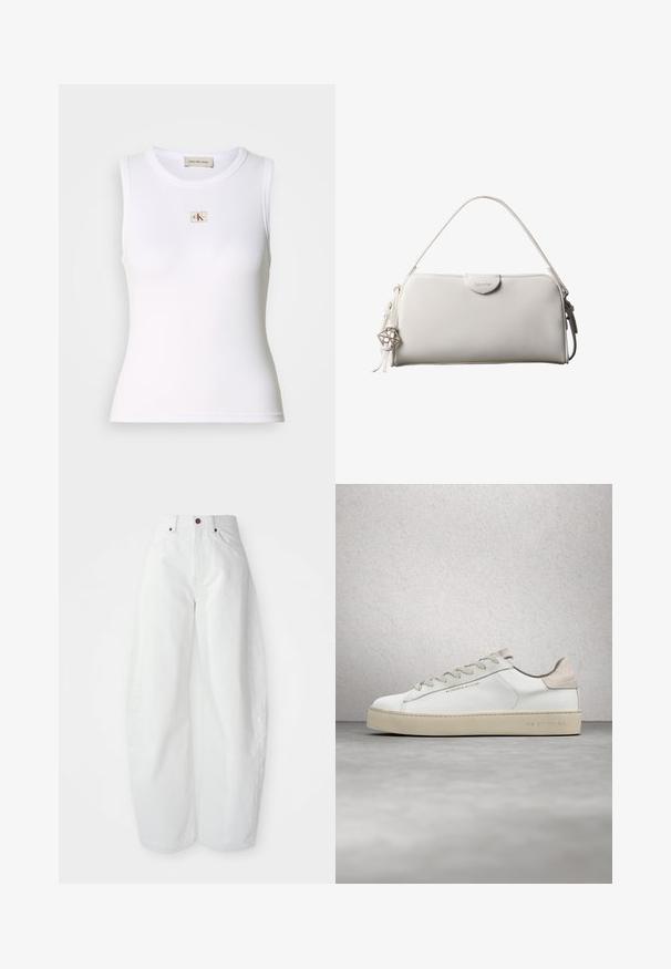 Hvid ribbet ærmeløs top med Calvin Klein Jeans-mærke på brystet og indvendig nakkemærke.; Højtaljede hvide denimbukser med løs pasform. Har en knaplukning, sidelommer og et minimalistisk design. Glat tekstur.; Hvide lædersneakers med en glat overflade, beige ruskindsdetaljer, rund tå, flad snørebåndsdesign og en struktureret gummisål.; Hvid rektangulær Calvin Klein håndtaske med enkelt håndtag, minimalistisk design og dekorative kvaster med geometrisk metalvedhæng på siden.