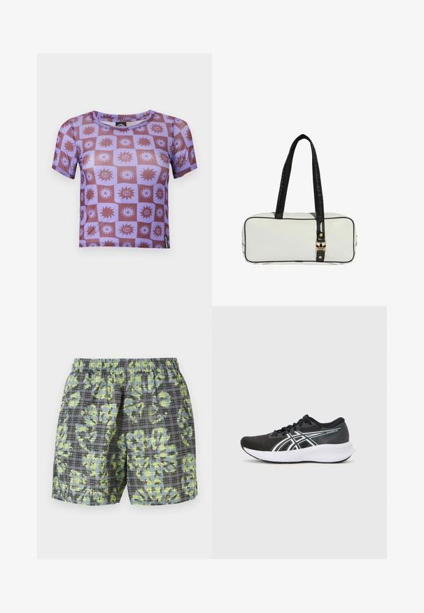Crop top ajusté à manches courtes avec motif damier violet et marron, comprenant des dessins de soleil et de spirales ainsi que le texte « Santa Cruz ».; Shorts à taille élastique avec motif à carreaux gris et grand motif floral abstrait vert et bleu, présentés sur un fond uni.; Baskets de sport noires avec une tige en maille texturée, accents blancs et une semelle blanche rembourrée. Présente un logo sur le côté et des lacets.; Sac rectangulaire blanc avec bordure et poignées noires. Comprend une fermeture dorée avec un logo et des surpiqûres contrastantes sur le côté. Texture lisse.